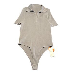 Cider Womens Plus Size 4XL Gray Ribbed Collar Knitted Bodysuit Stretch Top New